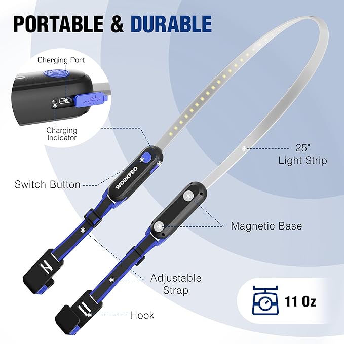 WORKPRO Rechargeable Underhood Work Light, 25inch Long Foldable LED Work Light Bar, 3 Lighting Modes with Adjustable Straps and Hooks, Magnetic Light for Car Repairing/Garage/Workshop/Emergency