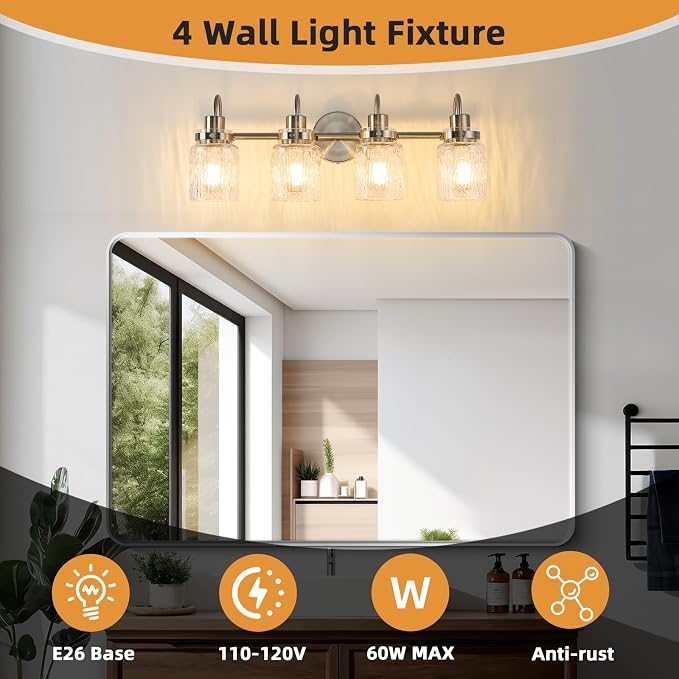 4 Lights Hammered Glass Bathroom Vanity Light,Brushed Nickel | Easy Installation,Up or Down,Farmhouse Modern Style,E26 Socket,ETL Certification