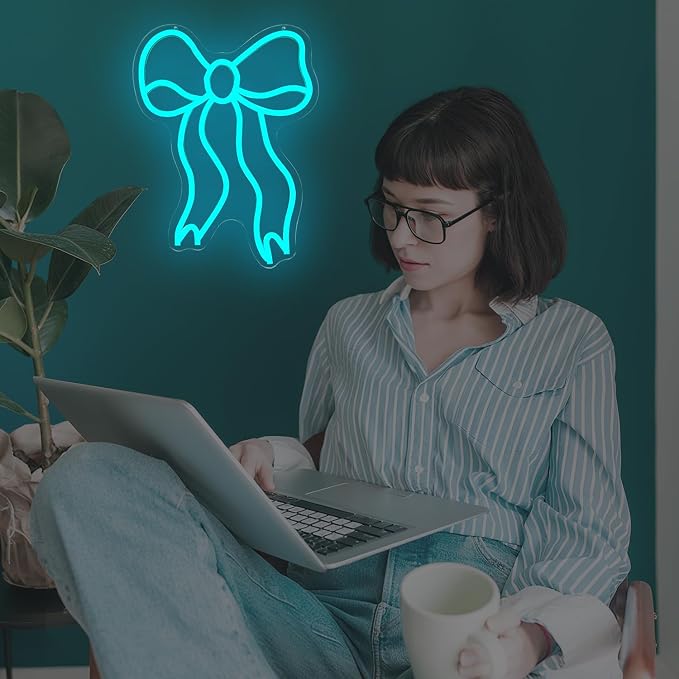 Blue Bow Neon Sign for Wall Decor Bow Led Neon Lights for Coquette Room Decor Dimmable Light up Sign for Bedroom Wall Bow party decorations Girls Room Birthday Christmas Gifts With USB Power
