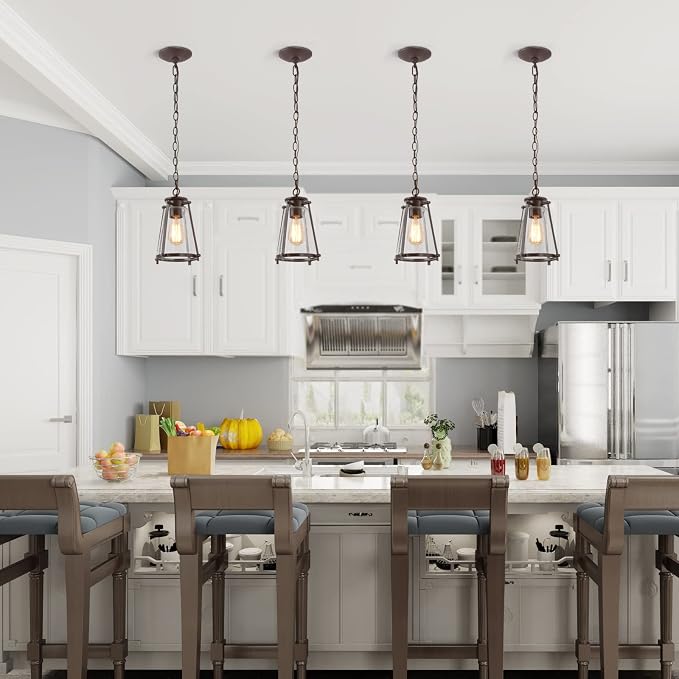 KSANA Bronze Pendant Lighting for Kitchen Island, Rustic Industrial Pendant Light with Seeded Glass Shade, 7.5" W