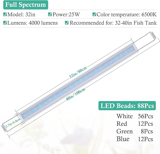 HITOP Full Spectrum LED Aquarium Light – 32-40" Classic Fish Tank Light with Timer, Aquarium Plant Light with Stable Extendable Brackets
