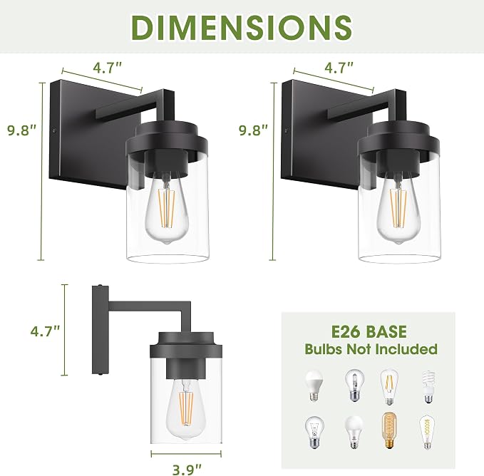 Matte Black Wall Lights, Set of 2 Wall Sconce with Clear Glass Shade, Farmhouse Sconce Lights, Wall Mount Lamp for Bedroom Mirror Living Room