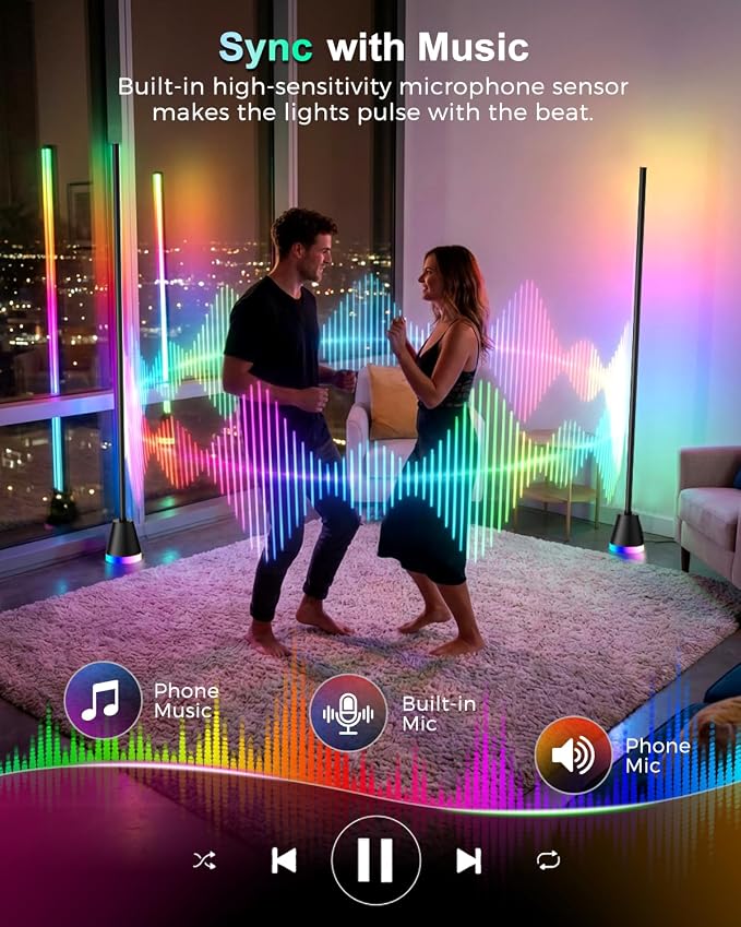 RGBIWC Corner Floor Lamp, Smart Ambient LED Light, Black | 16 Million Colors, Music Sync, Dynamic Lighting, 1800LM Brightness, APP/Remote Control, for Bedroom Living Room Gaming Room