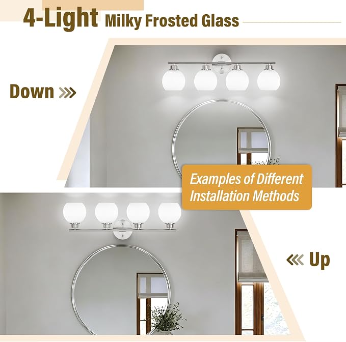 Brushed Nickel Bathroom Light Fixtures, 4-Light Vanity Light Over Mirror | Modern Bathroom Lighting Over Mirror, Wall Sconces, Milky White Globe Glass Shades, E26 Socket,ETL Listed
