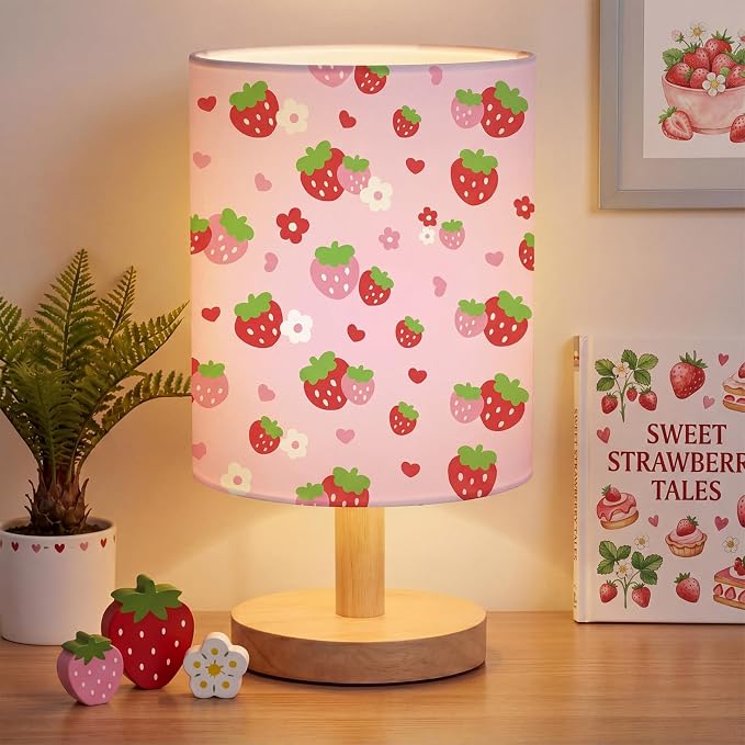 Strawberry Kids Table Lamp for Bedroom Kids Bedside Lamp with Linen Wooden Nightstand Cartoon Nursery Lampshade for Girls Boys Living Room