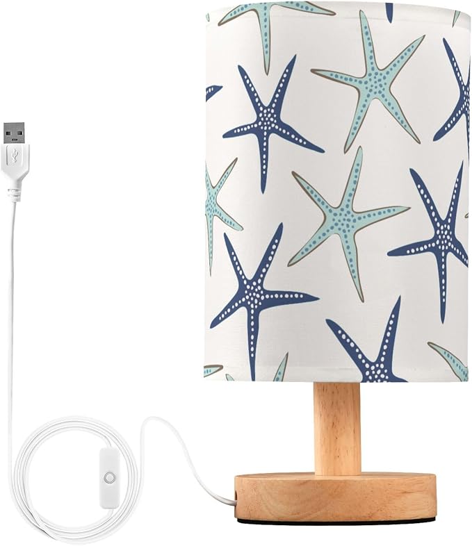 Table Lamp Nautical Starfish Pattern Nightstand Lamp with Wood Base Fabric Lamp Shade Bedside Desk Lamp for Living Room Bedroom Kids Room Office