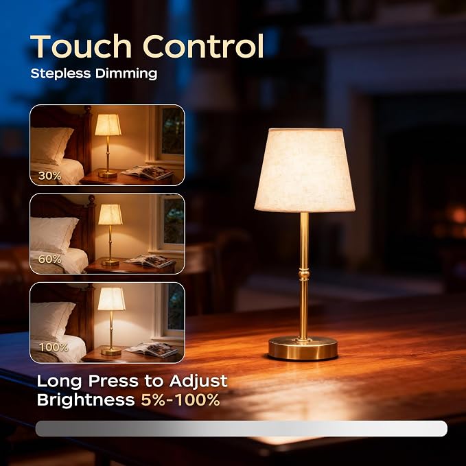 Cordless Table Lamp Rechargeable, 6000mAh Battery Operated LED Lamp with USB-C, Touch Control Stepless Dimmable Small Gold Fabric Lamp for Kitchen Counter, Small Spaces, Bedroom, Living Room 2PCS