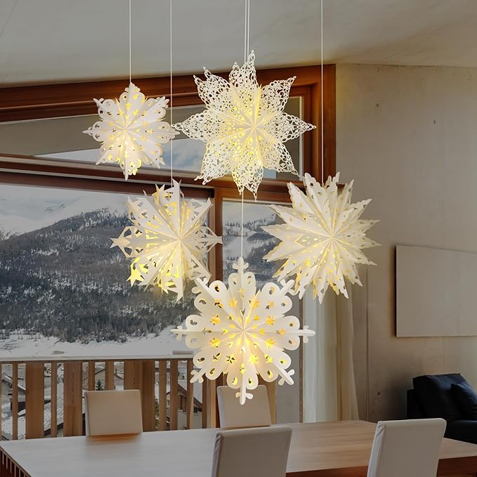 Mudder 5 Pieces Large Christmas Snowflake Paper Lantern with 7 Light 23.6/17.7 Inch Star Paper 3D Hanging Lantern Lamp Party Decoration for Weddings Holiday Xmas Trees(Cute Style,White)