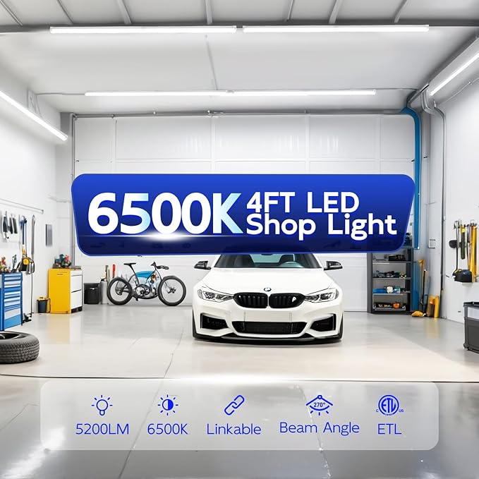 hykolity 4FT LED Shop Light, V Shape Integrated T8 LED Tube Light, 5200LM, 40W, 6500K Super Bright White,high Output Linkable Shop Lights W/Built-in ON/Off Switch for Warehouse, ETL, 10 Pack