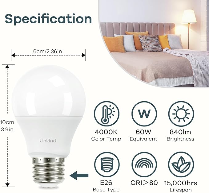 Linkind A19 LED Light Bulb, 60W Equivalent Light Bulbs, 8.5W 4000K Cool White, 840 Lumens Non-Dimmable LED Bulb, E26 Standard Base, Energy Efficient UL Listed, 6-Pack