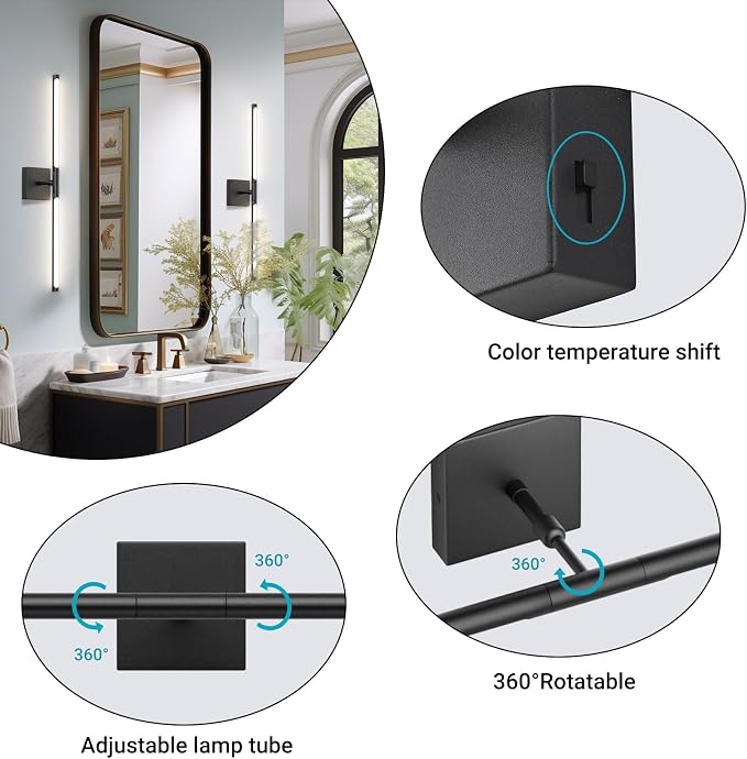Tipace Hardwired Black Vanity Light Fixtures for Bathroom - 23.6 inch 360° Rotatable Modern Bathroom Light Fixture Over Mirror 5CCT LED Wall Sconce Lighting Fixture LED Vanity Lights Bar