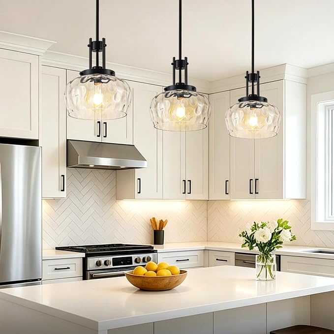 10 Inch Pendant Lights Kitchen Island, Black Pendant Light Fixtures with Hammered Glass Shade, Modern Farmhouse Island Hanging Light for Kitchen Dining Room Bedroom(Black)