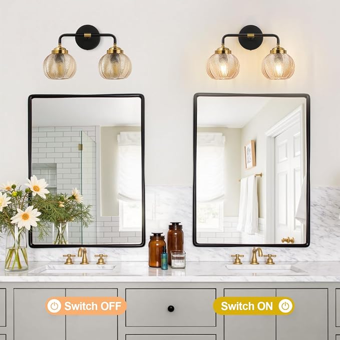 MOKATNG Bathroom Light Fixtures, 2-Light Amber Vanity Lights with Unique Leaf Texture Glass Shade, Modern Matte Black and Gold Bathroom Wall Lamp for Mirror Hallway Cabinet Living Room