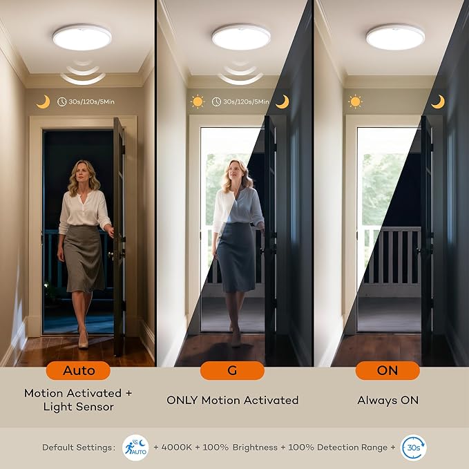 Annaror Wired Motion Sensor Ceiling Light Indoor with Remote 2400LM 12inch | 2000K Nightlight, 3000K 4000K 5000K, 24W Motion Activated Light with Timer for Hallway Closet Stairs White, Auto/ON/G