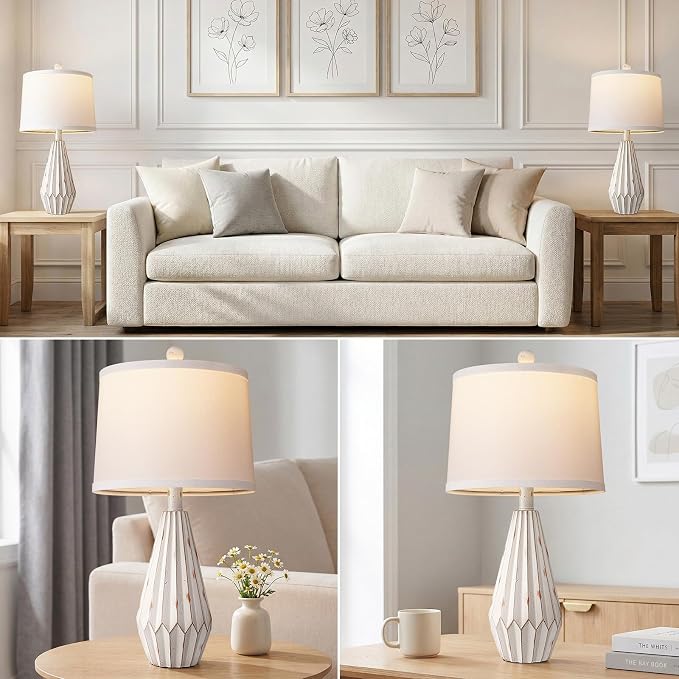 Hamucd Set of 2 Modern Farmhouse Lamp for Living Room, Beige Rustic Resin Beside Table Lamps with Linen Shade, Vintage Lamps for Nightstands Bedroom Entryway Decor