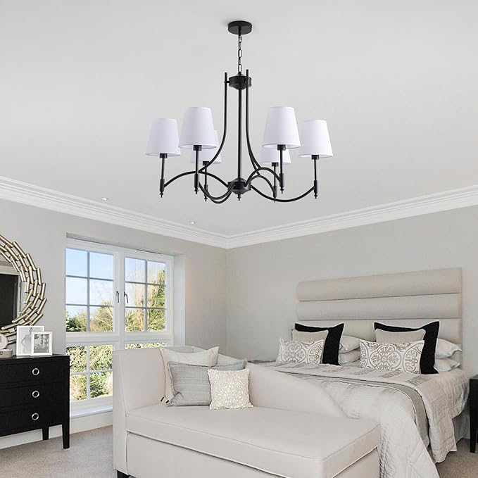 Black Farmhouse Chandelier for Dining Room， 6-Lights with White Fabric Shade Dining Room Light Fixtures，Rustic Industrial Chandelier for Living Room Kitchen Island Foyer