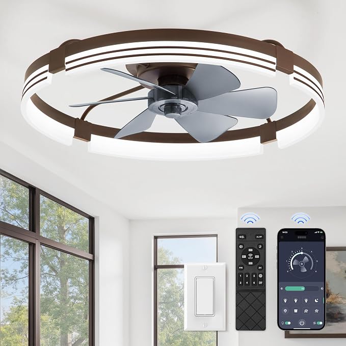 ZMISHIBO Low Profile Ceiling Fans with Lights and Remote, 24" Brown | 3000K-6000K Dimmable Fandelier LED, Flush Mount, 6 Wind Speeds, Reversible, Timer, Bedroom, Living Room, Kitchen, Kids Room