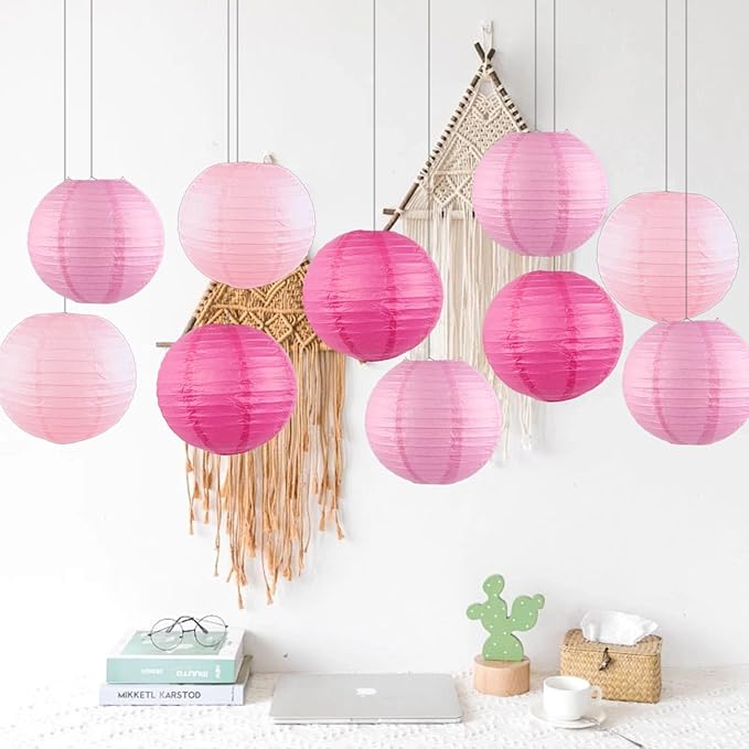 Chinese Paper Lanterns - Pack of 10, 12-Inch Pink/Rose Red Hanging Lights for Birthday Party Decorations, Ceiling Decor, Rainbow Classroom, Wedding, and Home Party