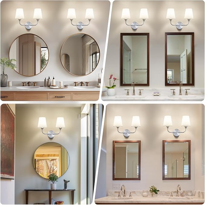 Bathroom Vanity Light Brushed Nickel Bathroom Lighting Fixtures Over Mirror | 2-Light Bathroom Light Fixtures with Flared White Fabric Shade, E26 Socket (ETL Listed)