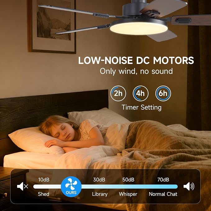 44 Inch Ceiling Fans with Lights and Remote for Bedroom Living Room Kitchen Office, Indoor/Outdoor Use, 5CCT Dimmable, Dual Color 5 Blades, 6 Speed Reversible Quiet DC Motor, Black/Wood Grain