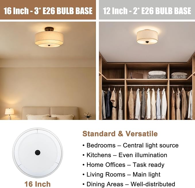 16" Semi Flush Mount Ceiling Light,3-Light,2-Layer Beige Linen Drum | Farmhouse Ceiling Light with Linen Fabric Shade,E26,Great for Living Room,Dining Rooms,Bedroom,Kitchen,Bulbs NOT Included