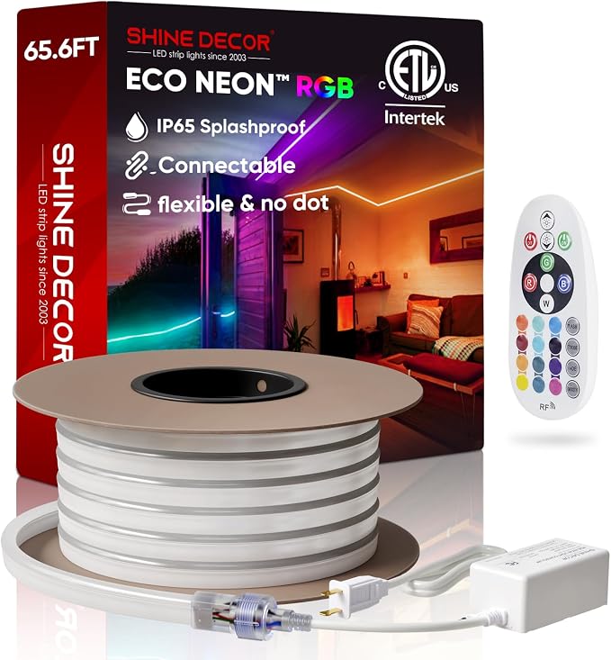 LED RGB Neon Rope Lights AC 120V, Expandable & Cuttable Bright Strip Lighting with Remote, Dimmable Color Changing, ETL Cold-Resistant & IP65 Waterproof for in&Outdoor, 10x20mm, 65.6FT