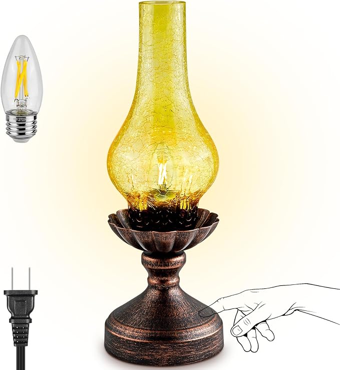 Touch Control Vintage Table Lamp | 3-Way Dimmable Rustic Retro Farmhouse Bedside Lamp with Amber Glass Shade and LED Bulb for Bedroom, Living Room, Cabin, Office