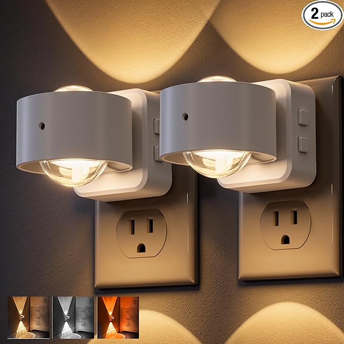 L LOHAS LED Night Light Projector, Night Lights Plug into Wall 3CCT 2 Pack | 2000K/3000K/5000K Adjustable Color Temperature Nightlight, Rotating White Nightlight with Light Sensor for Bathroom, Hallway