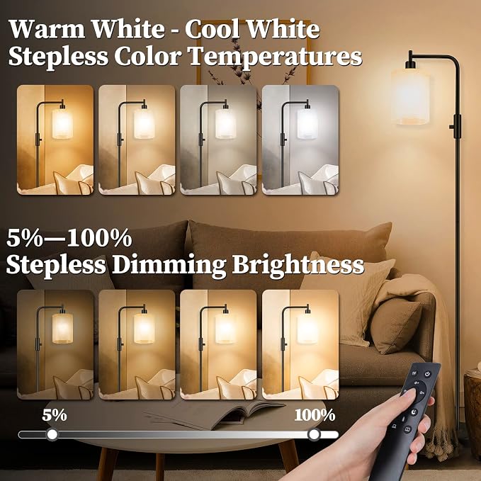 Industrial LED Floor Lamp,Black Metal Dimmable Lamp for Living Room, Bedroom, Office,Remote Control Tall Reading Lamp for Sofa or Desk, Milkly Glass Shade for Home Decor (Industrial, Glass)