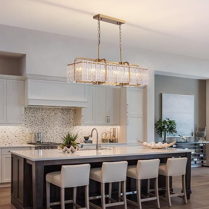 CROSSIO Gold Crystal Rectangle Chandelier, 40inch Large Rectangular Water Ripple Glass Island Light Fixture, Elegant Linear Lighting for Kitchen Island, Living Room