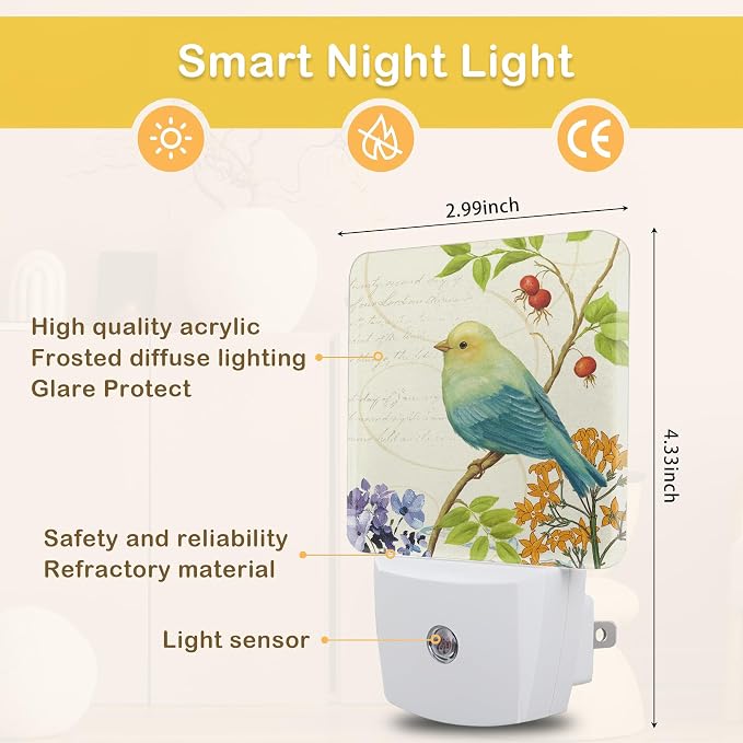 Bird Flower Night Light, Vintage Watercolor Bird Flower Night Lights Plug Into Wall with Dusk To Dawn Sensor Wall Lamp, Nightlights For Bedroom, Bathroom, Hallway, Kitchen, Gifts Ideal For Girls Women