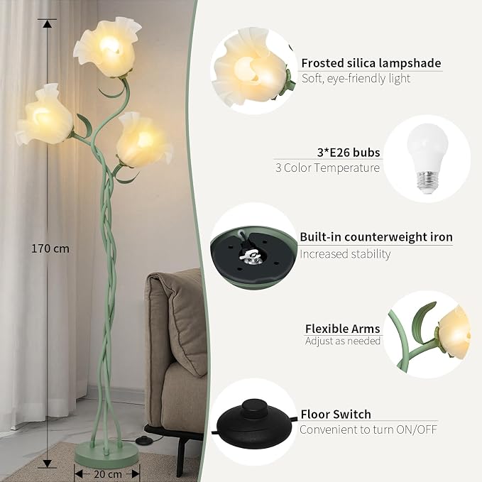 Flower Floor Lamp for Living Room, Tall Flower Reading lamp with Flexible Neck Shaft for Bedroom Decor, Modern Corner Floor Lamps with 3-Color Temperatures LED Bulb
