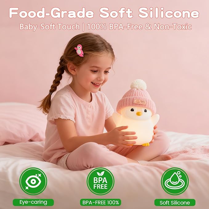 FAMIDUO Penguin Night Light for Kids,Pink Penguin Lamp with Knit Hat | Squishy Silicone,Rechargeable Dimmable Timer LED Bedside Lamp,Cute Animal Nightlight for Nursery,Gift for Boys Girls Toddlers