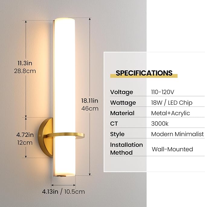 Hardwired Wall Sconces Set of Two 18 Inch Gold Bathroom Wall Sconces 18W 2700K-5000K LED Dimmable Modern Wall Lights with Acrylic Lampshade Brushed Gold Sconces for Bedroom Living Room Hallway
