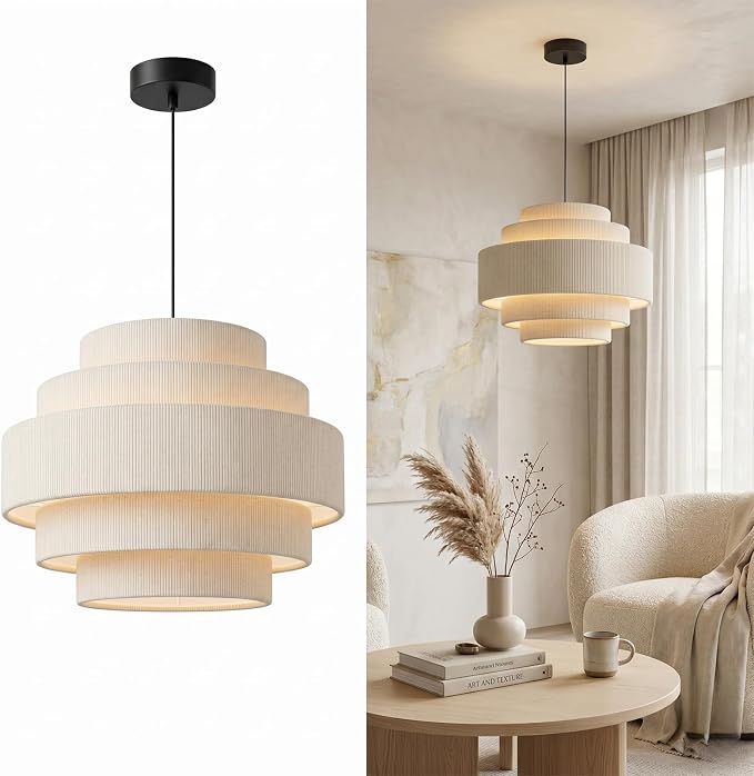AUQUEE 5-Tier Corduroy Pendant Light for Kitchen Island, 13” Anti-Glare Boho Hanging Light Fixture, Adjustable Modern Ceiling Chandelier for Dining Room Bedroom Living Room Entryway Hallway, Beige