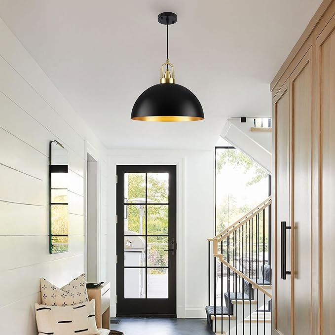 16'' Large Black Pendant Light for Kitchen Island Lighting, Modern Farmhouse Industrial Dome Hanging Ceiling Pendant Lighting Fixture for Dining Room, Bar, Living Room