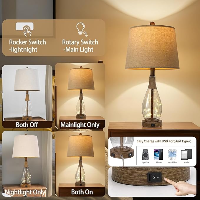 PoKat 2 in 1 Bedside Table Lamps Set of 2, Farmhouse Glass Lamp, Wood-like | Bedroom Lamps for Nightstand,Top Light&Fairy Night Light,Built-in USB with Bulb,Boho Rattan Design for Nursery Hallway