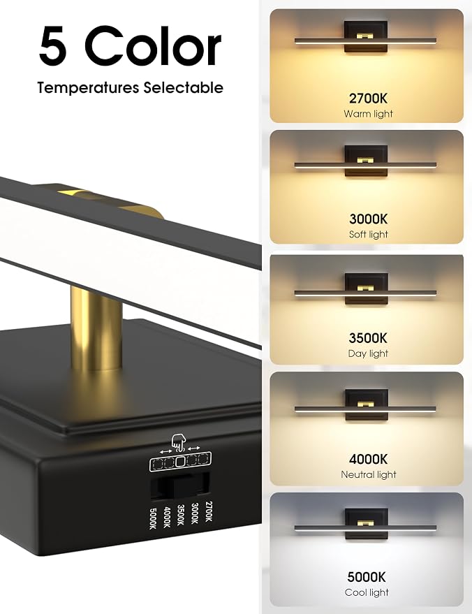 VOLISUN Modern Bathroom Vanity Light 24 inch, Rotatable, 14W Dimmable 5CCT Led Bathroom Light Fixture Over Mirror, Black Gold Bar Vanity Light for Bathroom Mirror Restroom-ETL Certificated