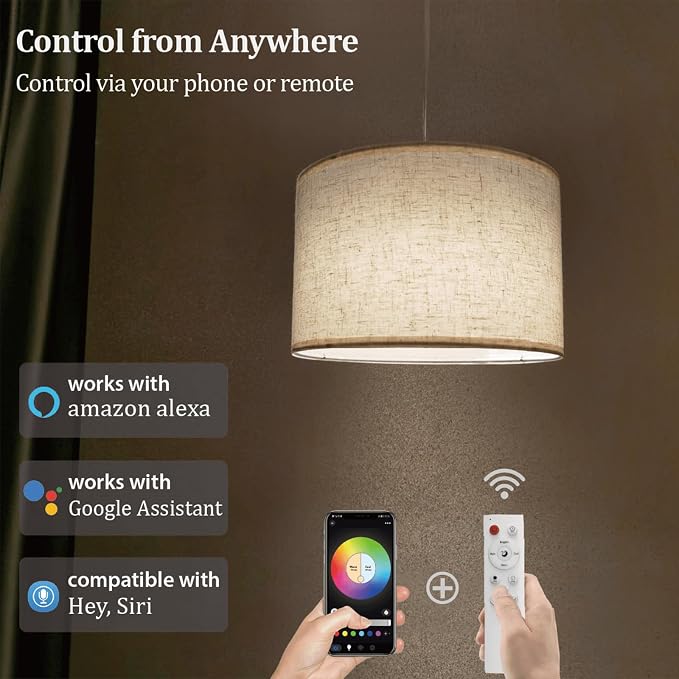 Hanging Lamp Plug in Pendant Light 2 Pack with Remote Control, 15Ft Hanging Lights with Plug in Cord Beige Lamp Shade Plug in Ceiling Light with Cord for Bedroom, Kitchen, Living Room, Dining Table