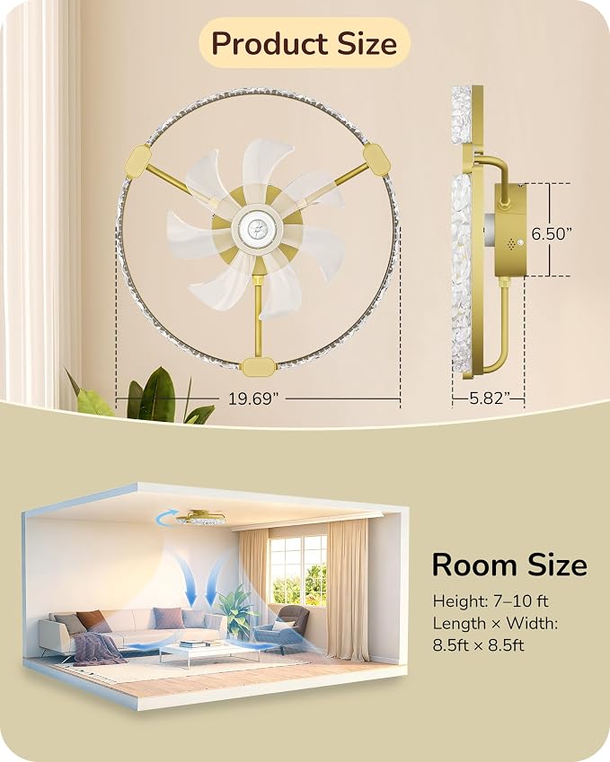 EDISHINE Ceiling Fans with Lights, 20'' Low Profile Flush Mount Fandelier | 3000-6000K Dimmable, 6 Speeds, App & Remote Control, DC Motor, LED Modern Bladeless Fan Light for Bedroom, Gold