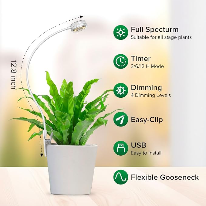 Small Clip-On Grow Light for Indoor Plants, Full Spectrum Timer | 5W full-spectrum 4000K LED delivers focused close,Auto on/off timer,4 dimmable brightness levels Compact clip-on design