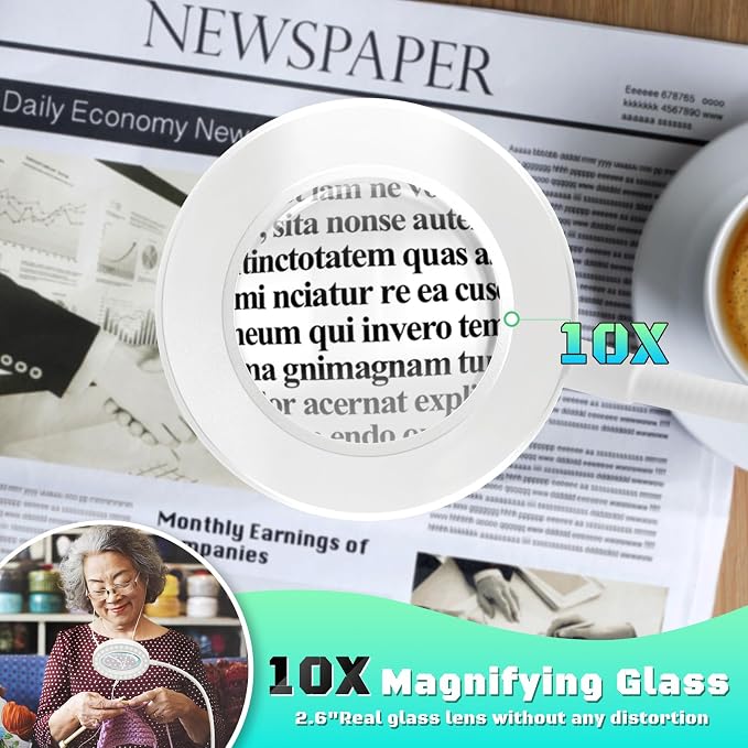 10X Magnifying Glass with Light, Clip on Mganifier with Light, 48 LED Desk Magnifying Glass wtih Clamp, 3 Modes Dimmable Magnifying LED Lamps for Bed Work Crafts DIY Repair White