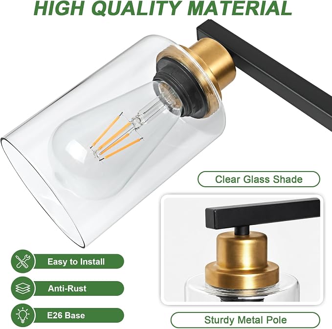 Ascher Bathroom Light Fixtures, 4-Light Vanity Lights with Clear Glass Shade, Modern Black and Gold Wall Light for Mirror Bedroom Hallway Cabinet Porch