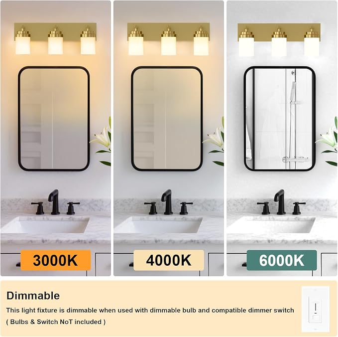 IZORRO Bathroom Vanity Light Fixture, 3-Light 22 Inch Gold Bathroom Light Fixtures Over Mirror, with White Glass Shade, Modern Farmhouse Vanity Lights, Rustic Restroom Lighting Fixtures