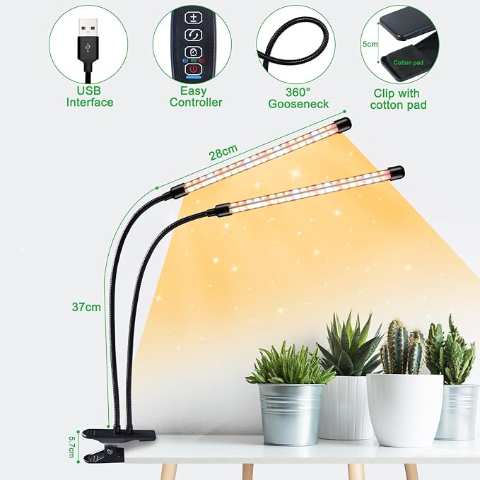 Grow Lights for Indoor Plants, Full Spectrum 2 Head Clip Plant Lights | 320 LEDs Clamp Grow Lamp for Plants Growing,3 Spectra, Auto ON & Off,3/9/12H Timer,10 Brightness,10 Feet Cable, 2 Pack