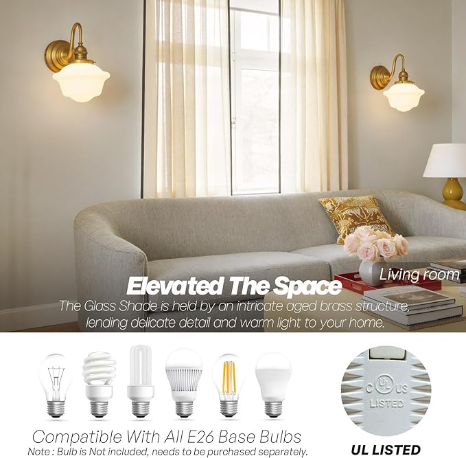 Vintage Wall Sconce Brass Gold Milk Glass Bathroom Vanity Light | 1 Pack,Bathroom Light Fixtures,Antique Brass,Frosted Milk Glass,Hardwired Only,E26 Base,for Bathroom Mirror Hallway