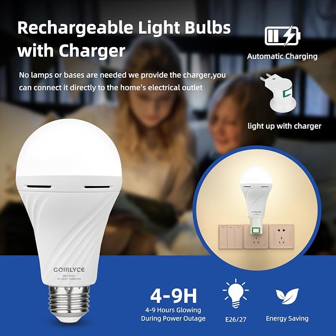 4Pack Rechargeable Emergency Light Bulbs, LED Battery Backup Bulb for Lamps | Emergency Light Bulb 9W Daylight E26/E27 6500K 1500mAh Operated Light Bulb for Home Power Outage Camping Hurricane Hiking