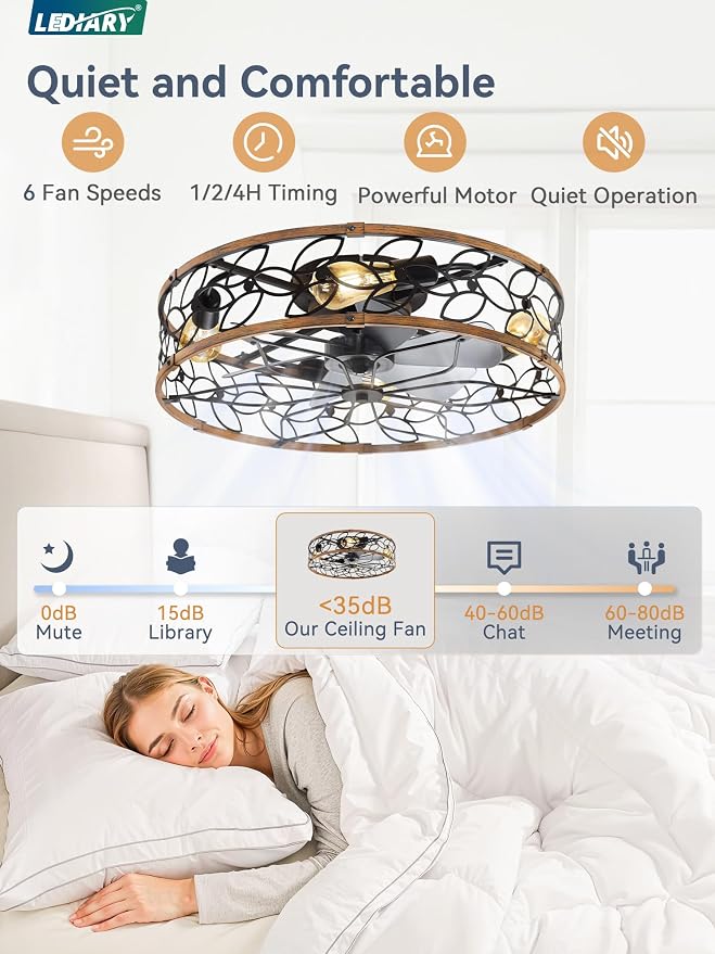 LEDIARY 23" Caged Ceiling Fan with Light, Flush Mount Fandalier with Remote | Low Profile, Farmhouse Large, Bladeless Industrial, Quiet DC Motor, App Control for Bedroom, Kitchen, Dining Room, Walnut