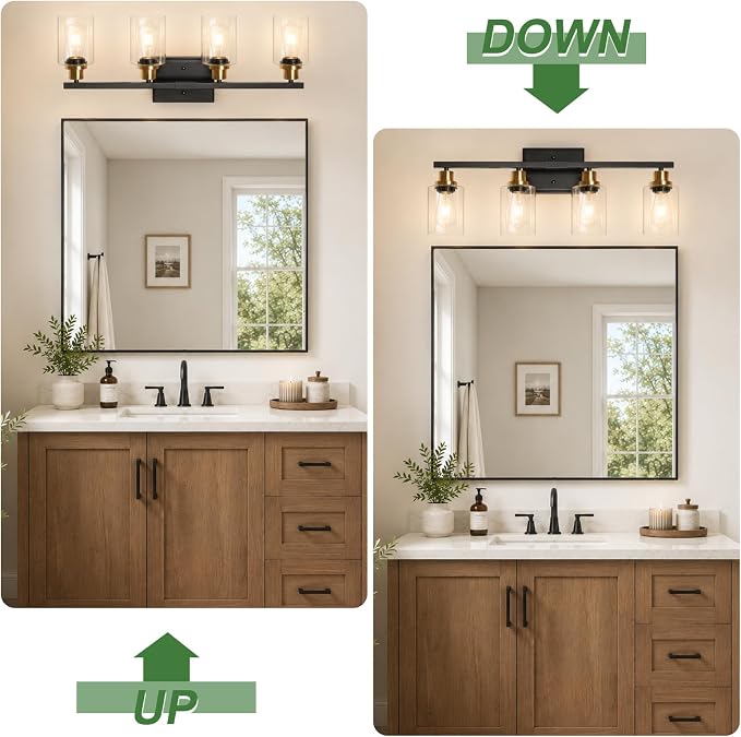 Ascher Bathroom Light Fixtures, 4-Light Vanity Lights with Clear Glass Shade, Modern Black and Gold Wall Light for Mirror Bedroom Hallway Cabinet Porch