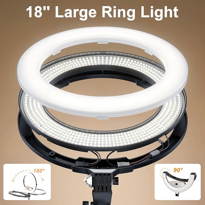 18" Ring Light with Stand: Touch Screen LED Display & 60" Tall Tripod, | 3 Color modes 6500K / 2 USB Ports Foldable LED Big Ring Light Tripod for Live Stream,YouTube,TikTok Video Shooting